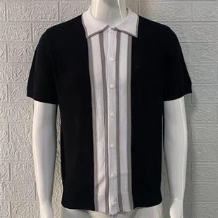 Short Sweater Slim Knitted Mens Colorblock Sleeve Fit Lapel