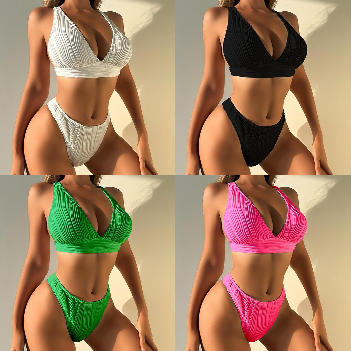 Swimsuit striped three-dimensional fabric high waist briefs