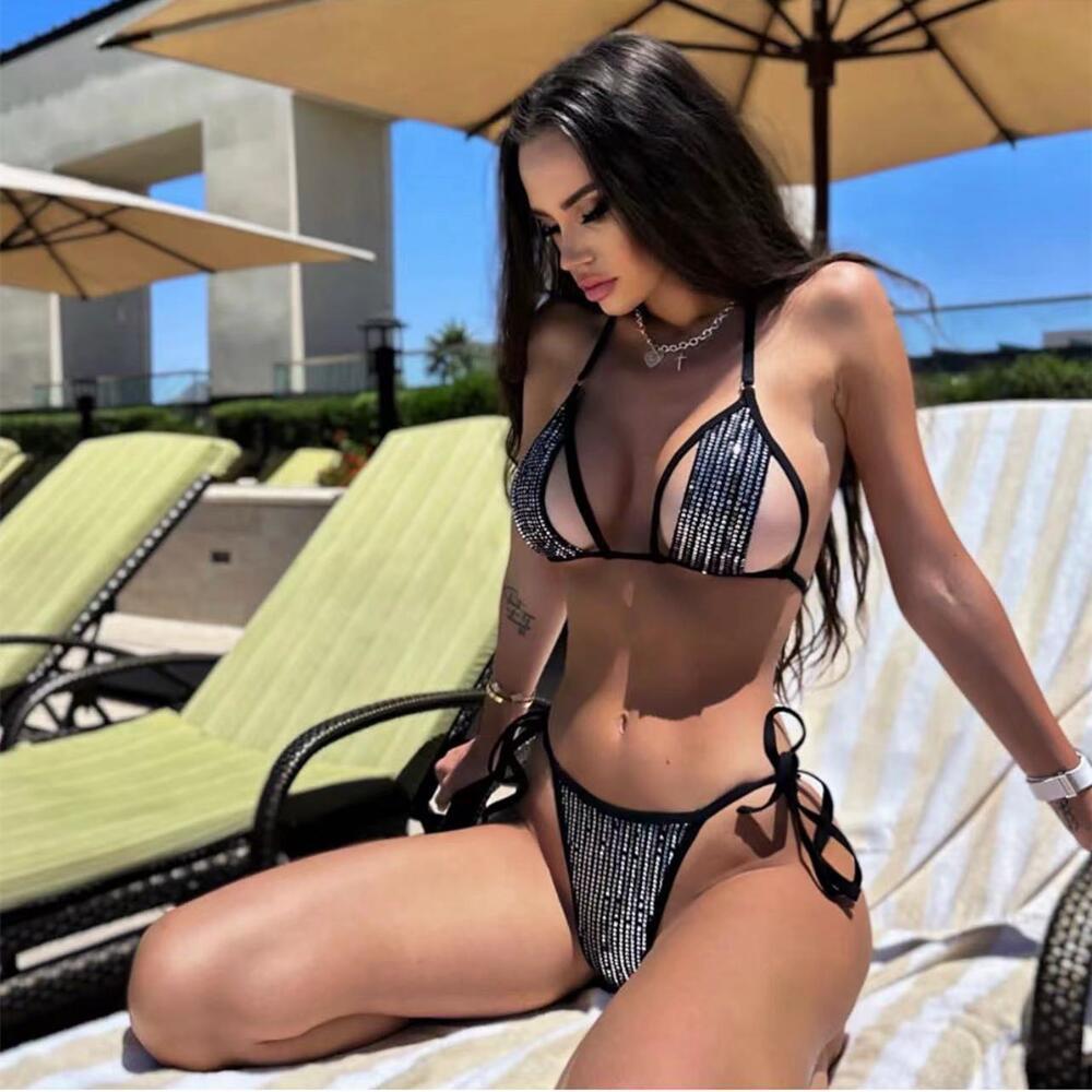 shiny rhinestones wrap around halter bikini women swimwear