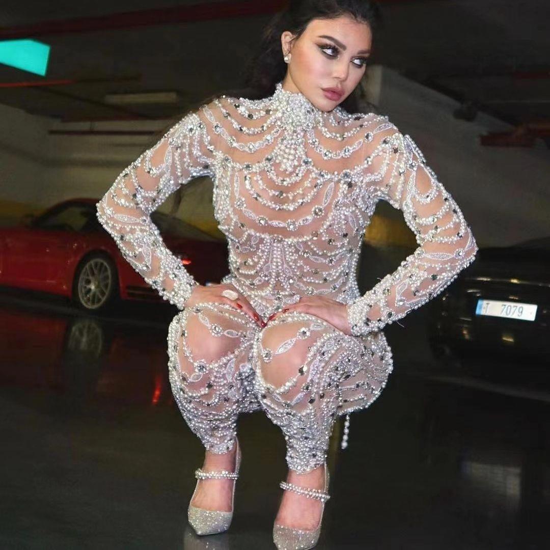 Womens dress slim fit transparent sequin sexy jumpsuit