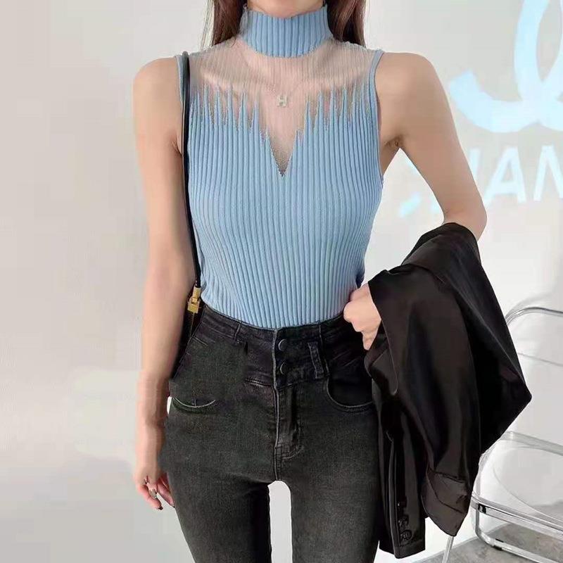 women for pullover soft tank patchwork mesh elegant autumn