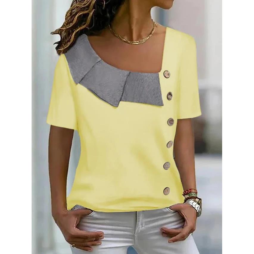 Womens Colorful Discount Collar Button Short Sleeve V Neck