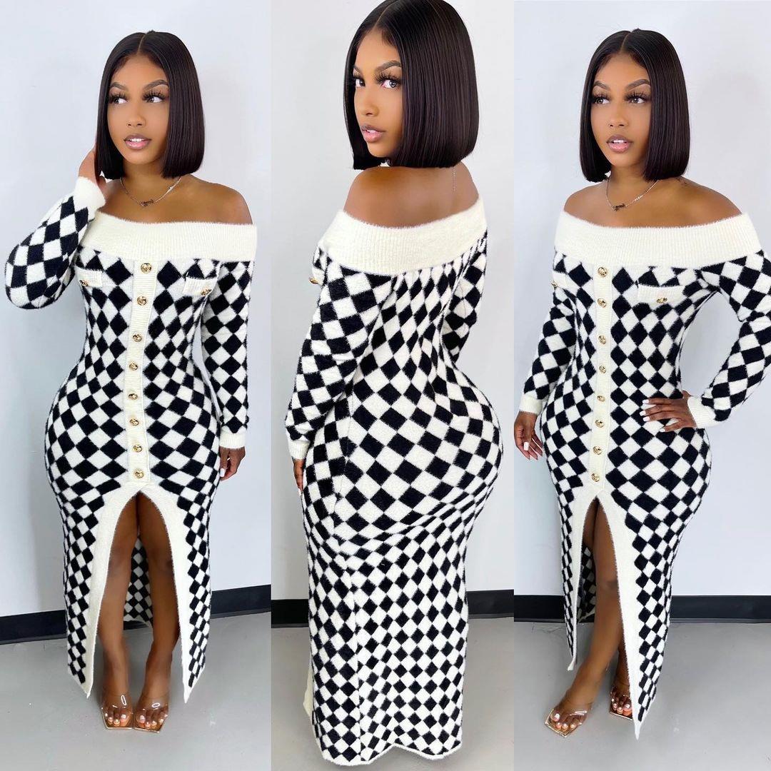 Houndstooth contrast top color sweater neck tube knitted