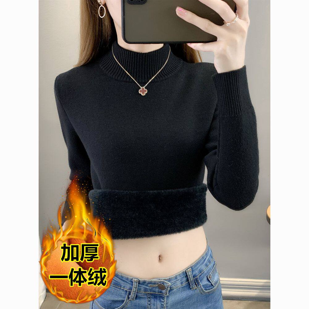 冬季加绒毛衣女加厚一体绒内搭修身半高领套头打底针织衫保暖上衣