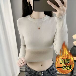 加绒加厚一体绒圆领针织衫毛衣秋冬季新款修身显瘦保暖内搭上衣女