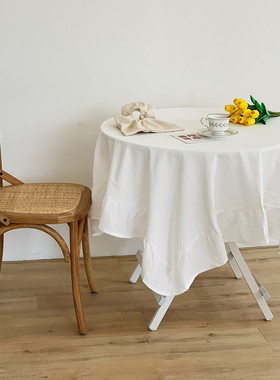 ins法式复古褶皱全棉荷叶边少女心桌布纯白色民宿客厅圆桌盖布