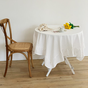 ins法式 复古褶皱全棉荷叶边少女心桌布纯白色民宿客厅圆桌盖布