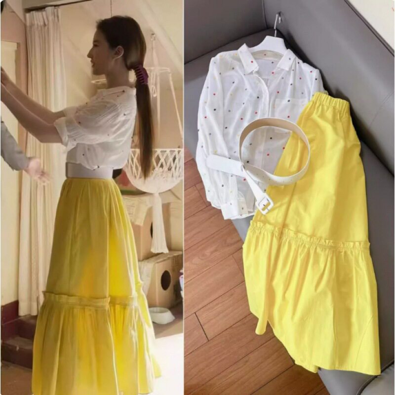 玫瑰的故事刘亦菲黄亦玫同款白色衬衫女夏季纯棉黄色半身裙子