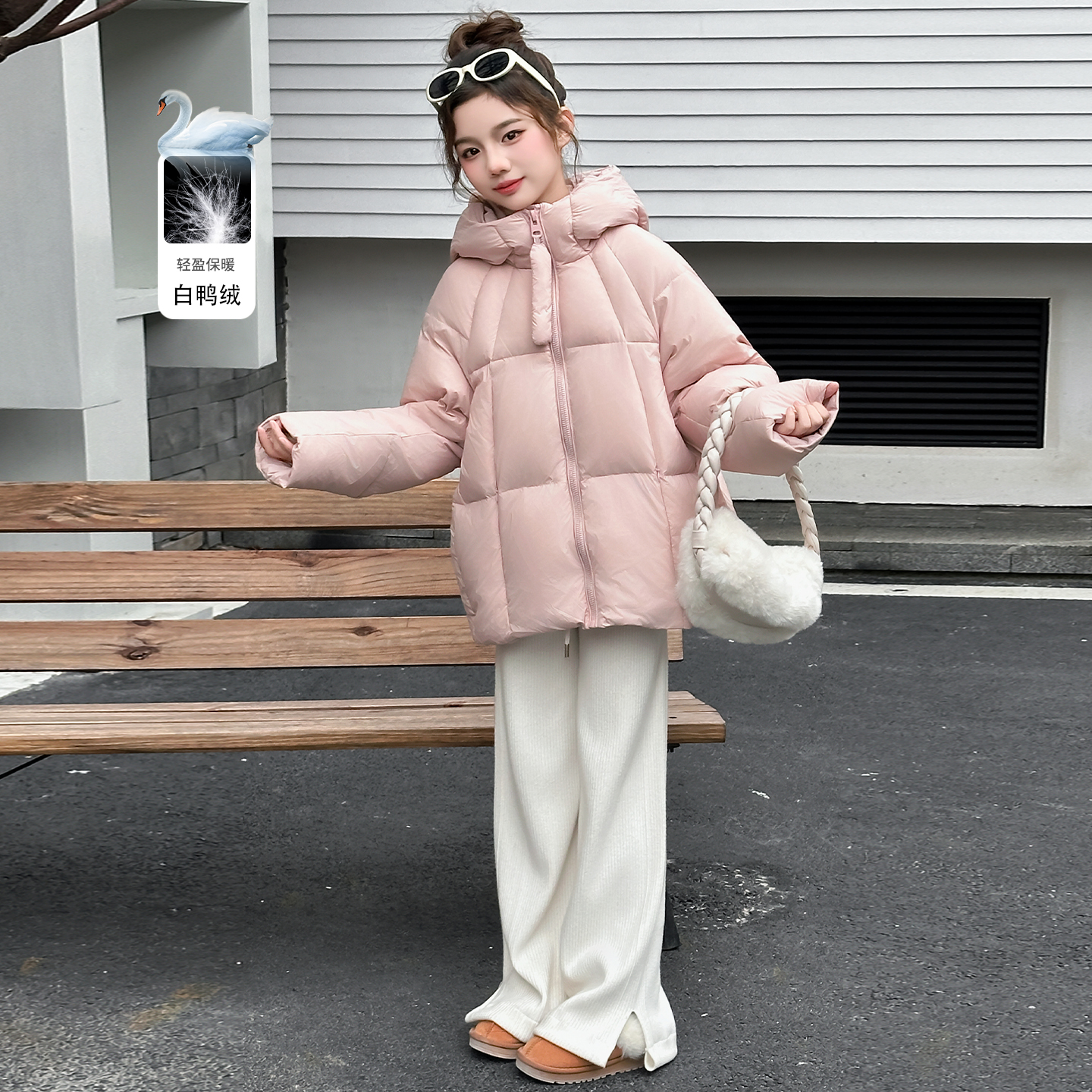 韩版超好看女童纯色羽绒服冬季新款中大童洋气连帽加厚白鸭绒外套