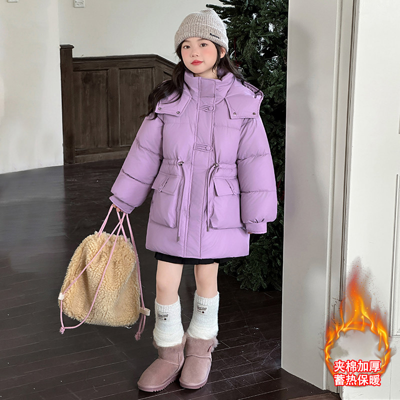 女童加绒棉服外套冬季2025新款中大儿童棉袄加厚中长款收腰棉衣潮