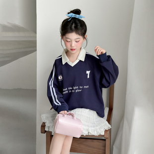 女童春秋套装2026新款中大童学院风V领卫衣儿童洋气花边裙两件套