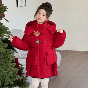 女童加绒棉服秋冬款2026新款大童中长款加厚羽绒棉袄儿童红色年服