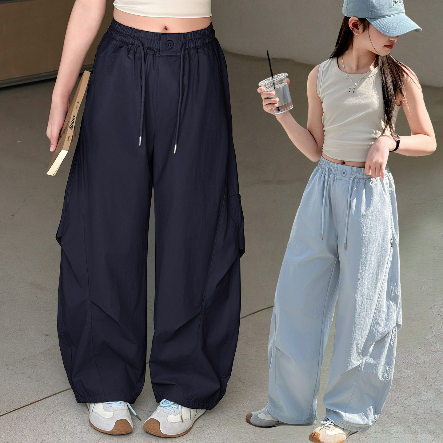 女童工装裤夏薄款2026新款儿童裤子套装初中生女孩大童夏季速干裤
