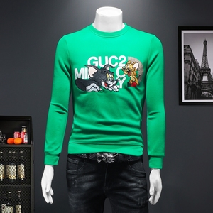 2023秋冬季新款圆领修身纯棉休闲刺绣男士卫衣 9502 P85 绿 假模,男装卫衣,钱塘6009(原3017)