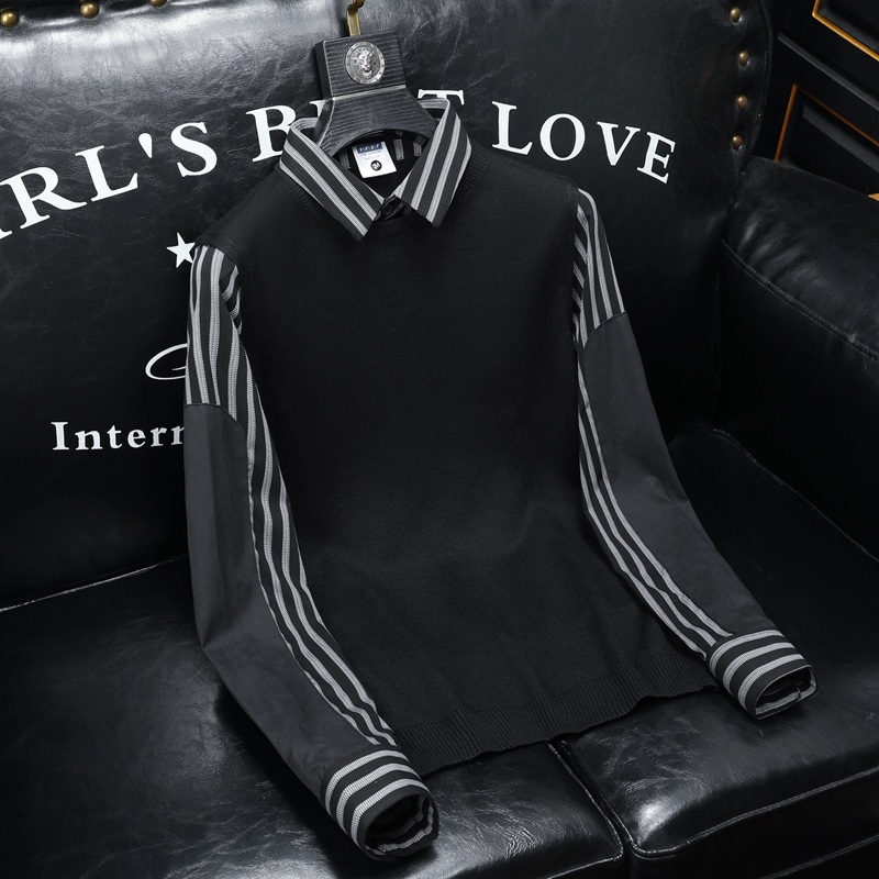 2023秋冬新款提花毛衣男士假两件QT30172806P115沙发黑色，男装针织衫/毛衣，钱塘6009(原3017)