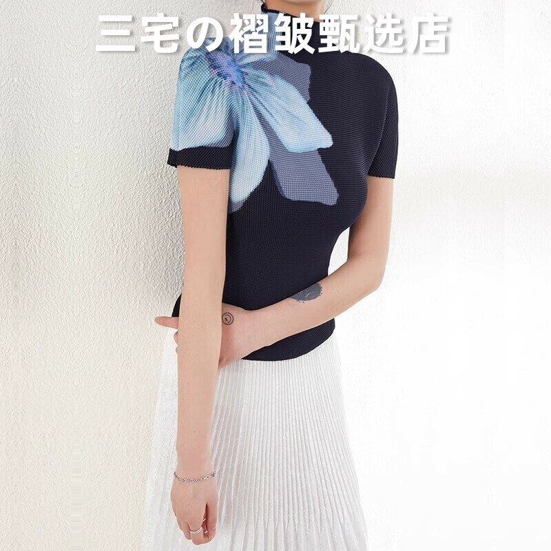 三宅风系列褶皱短袖T恤印花上衣