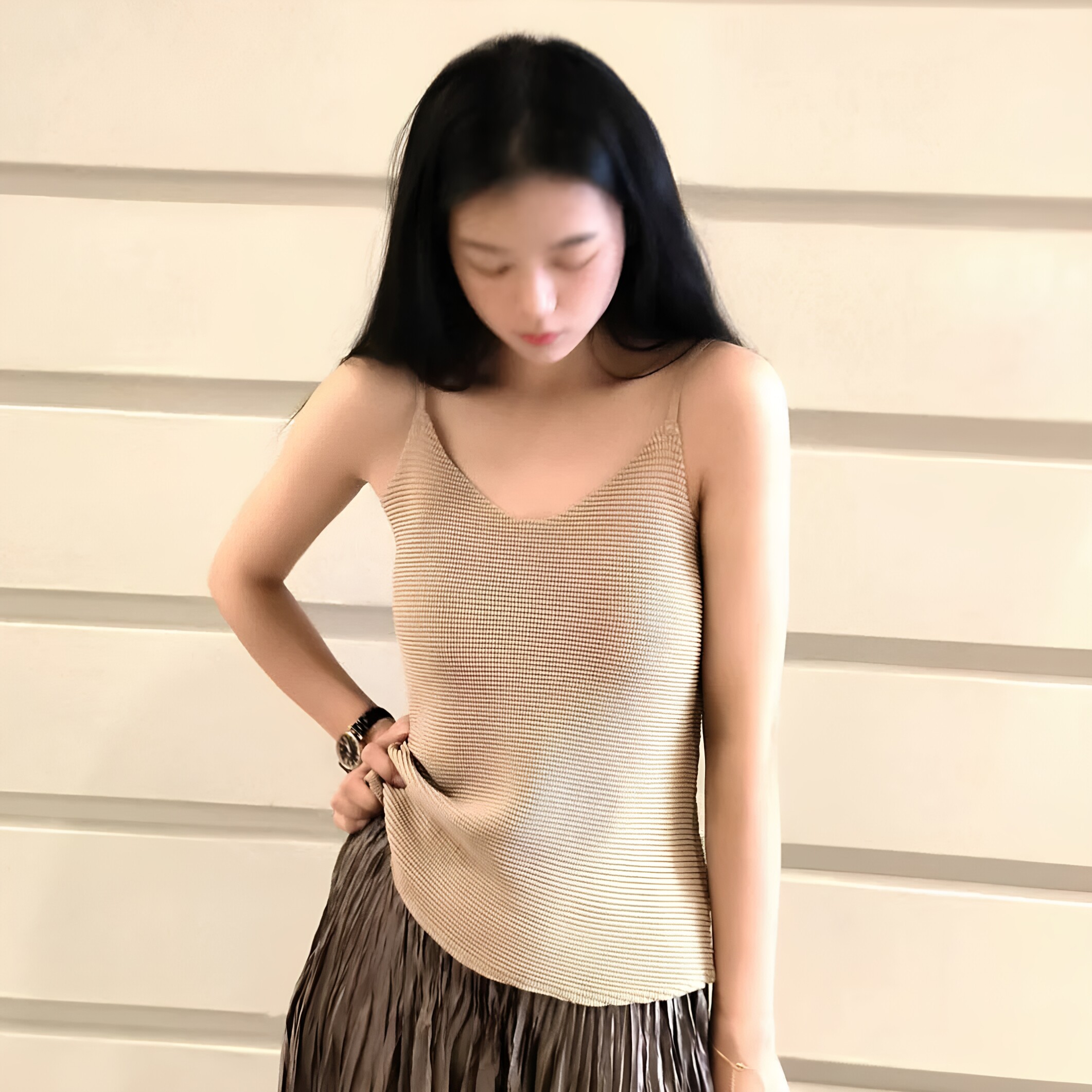 三宅风系列褶皱吊带背心上衣女装