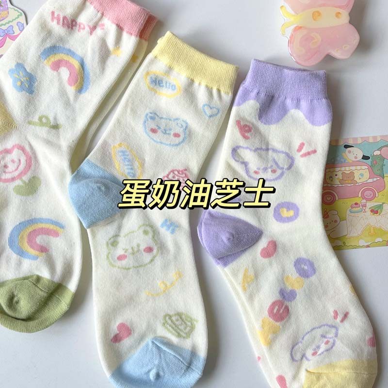 袜子女韩版中筒ins潮JK少女日系春夏可爱拼色卡通小熊提花中筒袜