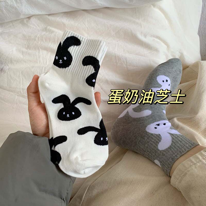 兔子袜子运动外穿韩版情侣男女可穿棉中筒袜条纹韩版学院风ins短