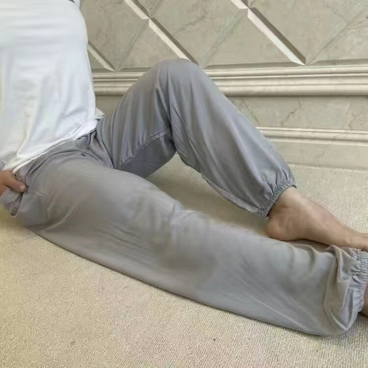 607080岁爷爷束口小脚睡裤男夏季爸爸薄款长裤纯棉绸中老年高腰裤