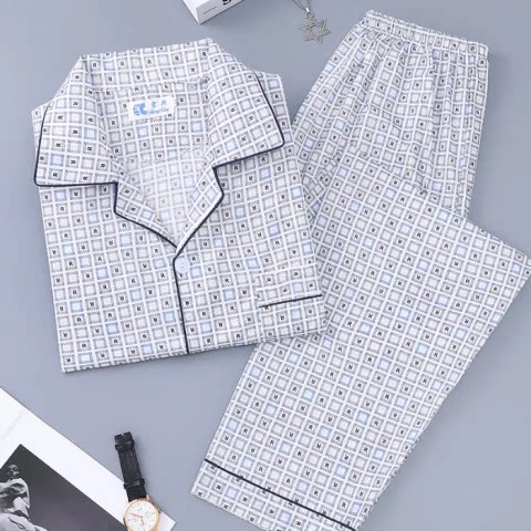 夏季爸爸加肥加大码睡衣男开衫短袖长裤开裆口老人爷爷休闲家居服