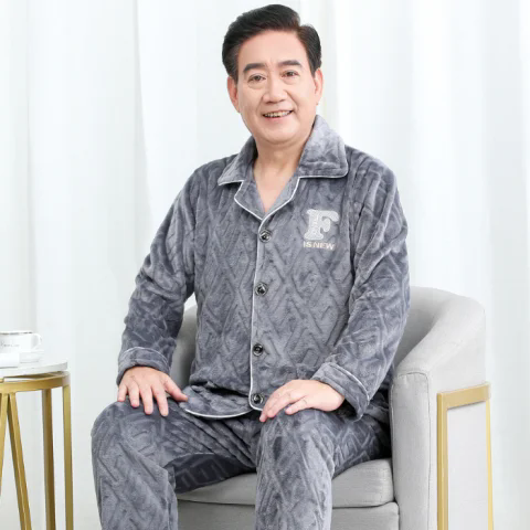 秋冬季老人加绒加厚睡衣男爸爸法兰绒翻领外套爷爷舒适家居服套装