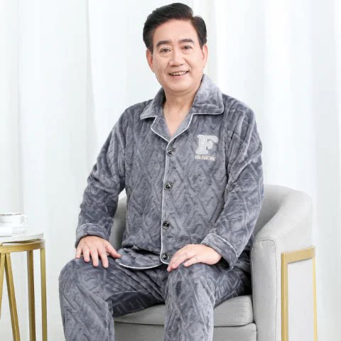 秋冬季老人加绒加厚睡衣男爸爸法兰绒翻领外套爷爷舒适家居服套装
