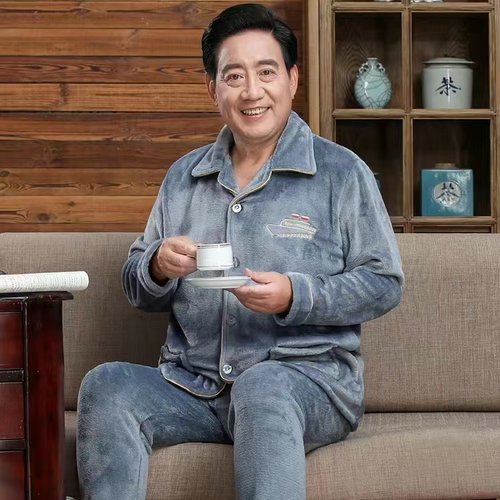 5060岁爸爸开衫法兰绒睡衣男冬天