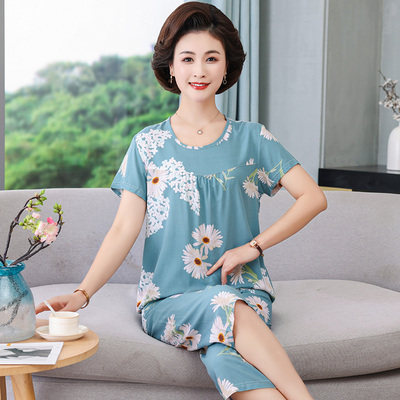 中老年夏装短袖睡衣女妈妈薄款透气女装纯棉绸婆婆时尚衣服人造棉