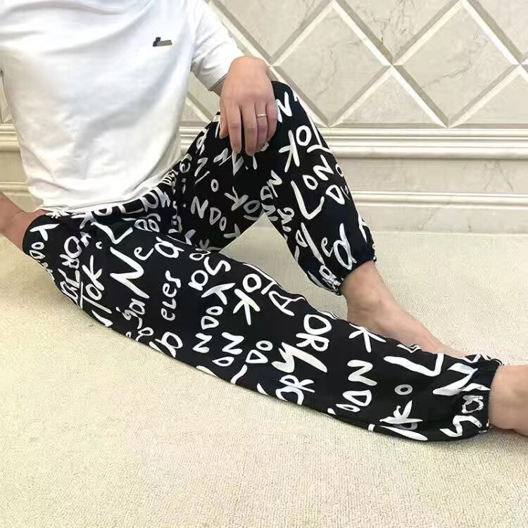 爷爷防蚊家居裤夏天爸爸小脚睡裤男纯棉绸老人薄款休闲长裤可外穿