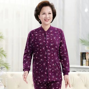 冬装 秋衣中老年纯棉舒适保暖上衣妈妈女装 系扣长袖 7080岁婆婆开衫