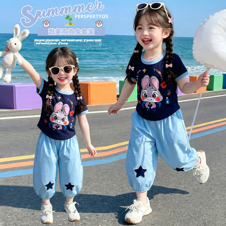 中小童夏季卡通泡泡兔套装女童撞套装