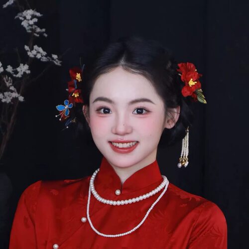 新中式红色花朵流苏发梳插梳女结婚晨袍配饰发夹侧边国风复古头饰