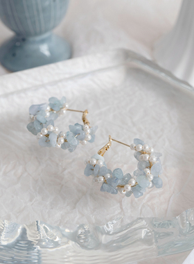 复古海蓝宝圈圈耳环女设计感耳圈小众高级轻奢  原创日系蓝色耳钉