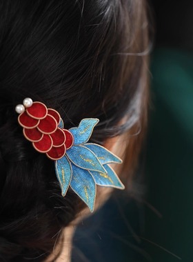 新中式手工掐丝红色锦鲤发夹侧边古风汉服发饰女新娘秀禾旗袍配饰