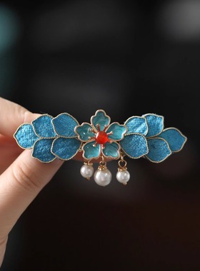 原创设计蓝色布绒古风夹子头饰发夹女侧边古典旗袍气质国风高级感