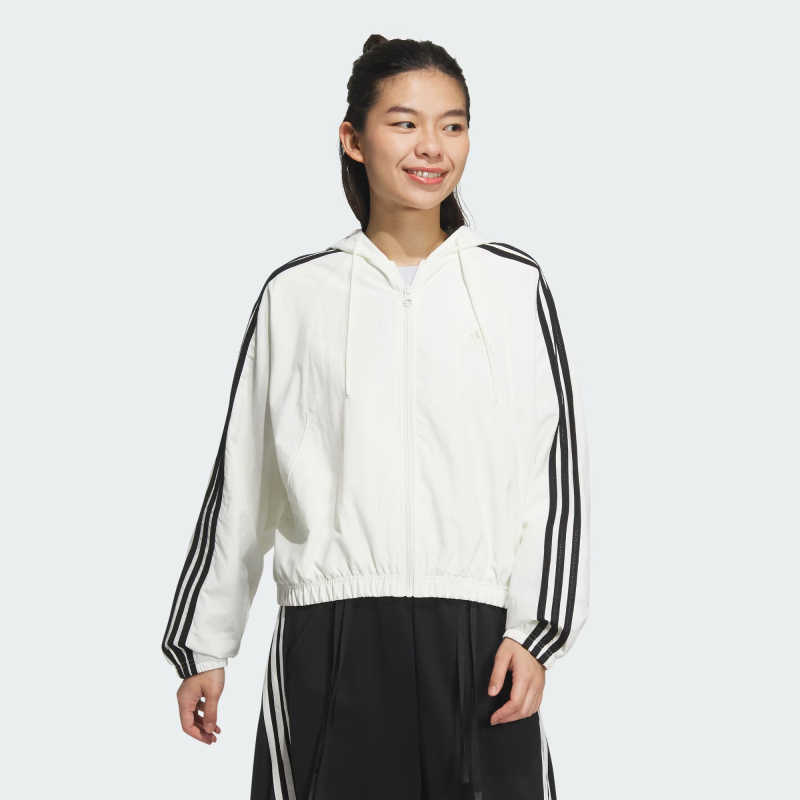 阿迪达斯女装2024冬新款舒适保暖经典条纹休闲连帽夹克外套JW4644