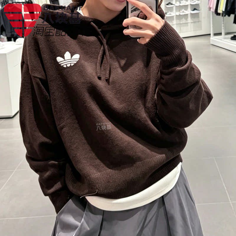 三叶草女宽松针织毛衣连帽卫衣