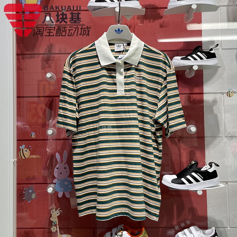 条纹宽松短袖翻领POLO衫阿迪达斯