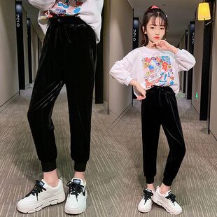 洋气金丝绒女孩运动裤 中大童潮范秋装 子儿童休闲束脚裤 女童春秋裤