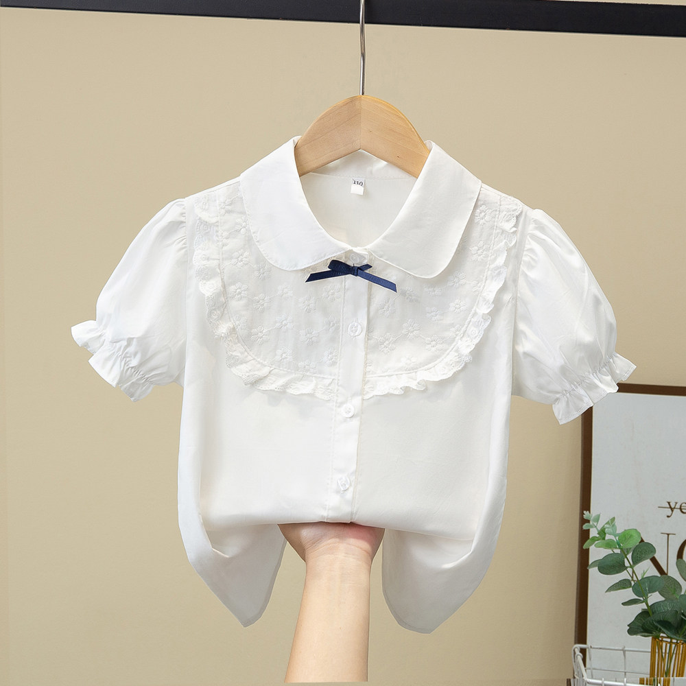 儿童纯棉短袖衬衫白色娃娃衫女童花边百搭衣服翻领夏季外穿衬衣薄
