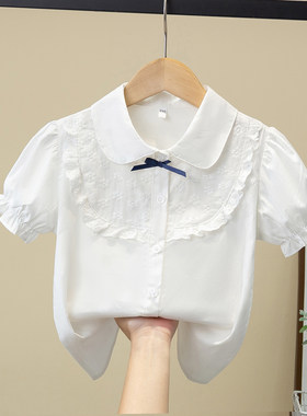 儿童纯棉短袖衬衫白色娃娃衫女童花边百搭衣服翻领夏季外穿衬衣薄