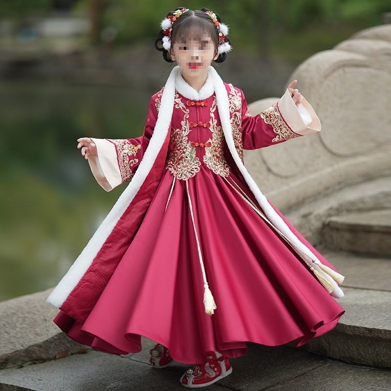 汉服女童秋冬加绒连衣裙过年中国唐装加厚拜年新年冬装儿童兔毛