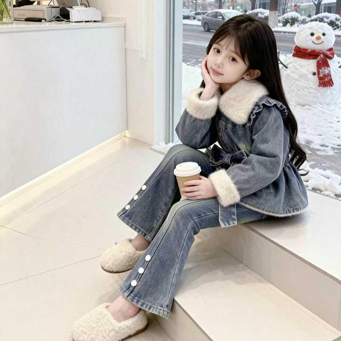 女童冬季洋气牛仔套装韩版蝴蝶结加绒加厚翻领牛仔上衣裤子两件套,童装/婴儿装/亲子装,儿童运动套装,淘宝优惠券,粉丝福利购,淘宝优惠卷