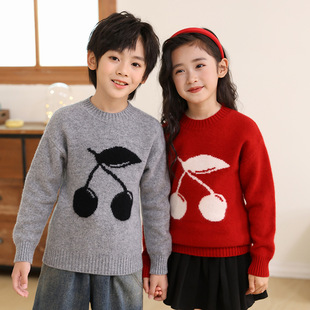 儿童毛衣100纯羊毛衫半高领男女童同款羊绒樱桃刺绣红色双股加厚