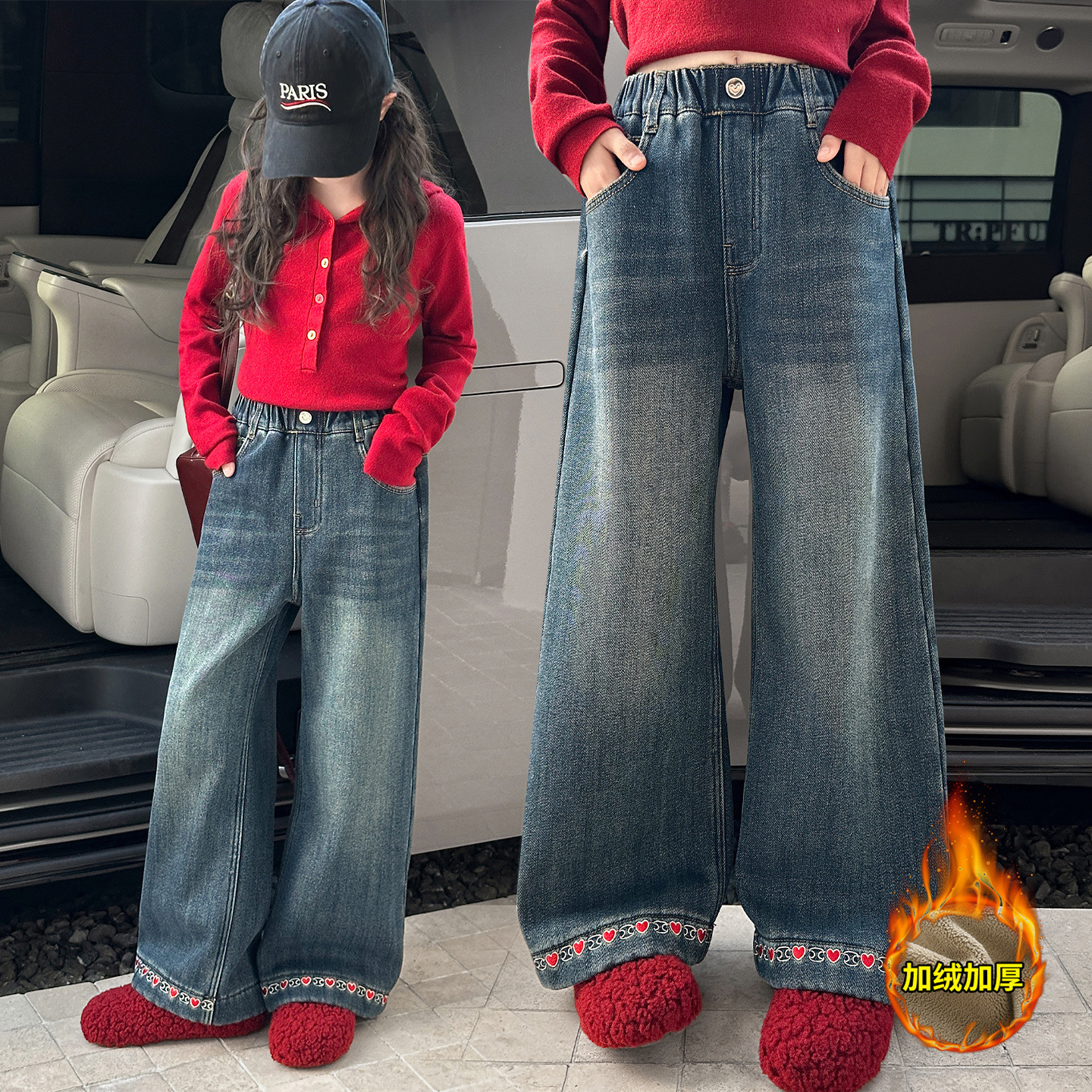 女童加绒牛仔裤2025新款女大童冬季加厚一体绒阔腿裤儿童直筒裤子