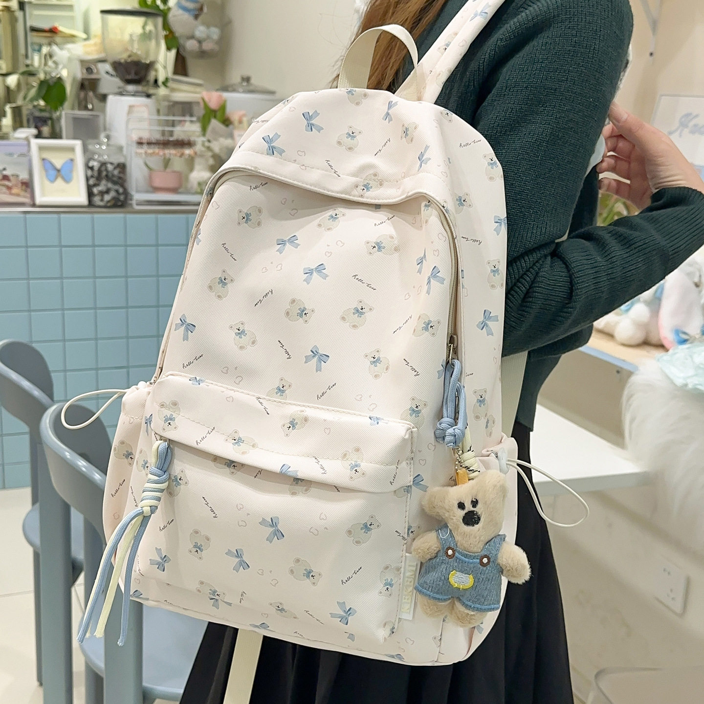 日系ins风蝴蝶结书包女大学生简约可爱印花双肩包小清新甜美背包