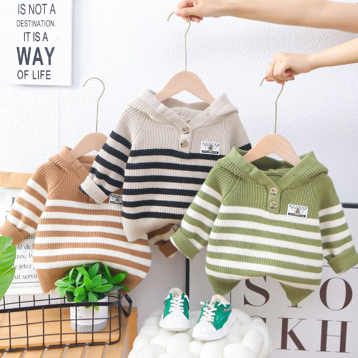 儿童男童毛衣针织衫秋冬新款秋装女童连帽条纹上衣洋气宝宝