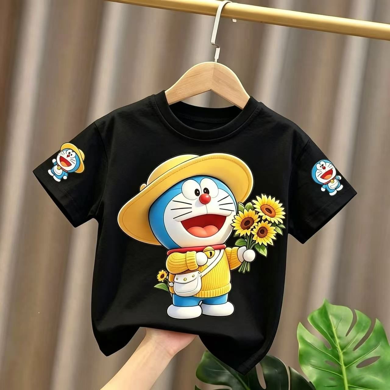 夏季叮当猫男女童衣服新款短袖纯棉T恤百搭儿童趣味圆领薄款透气图片