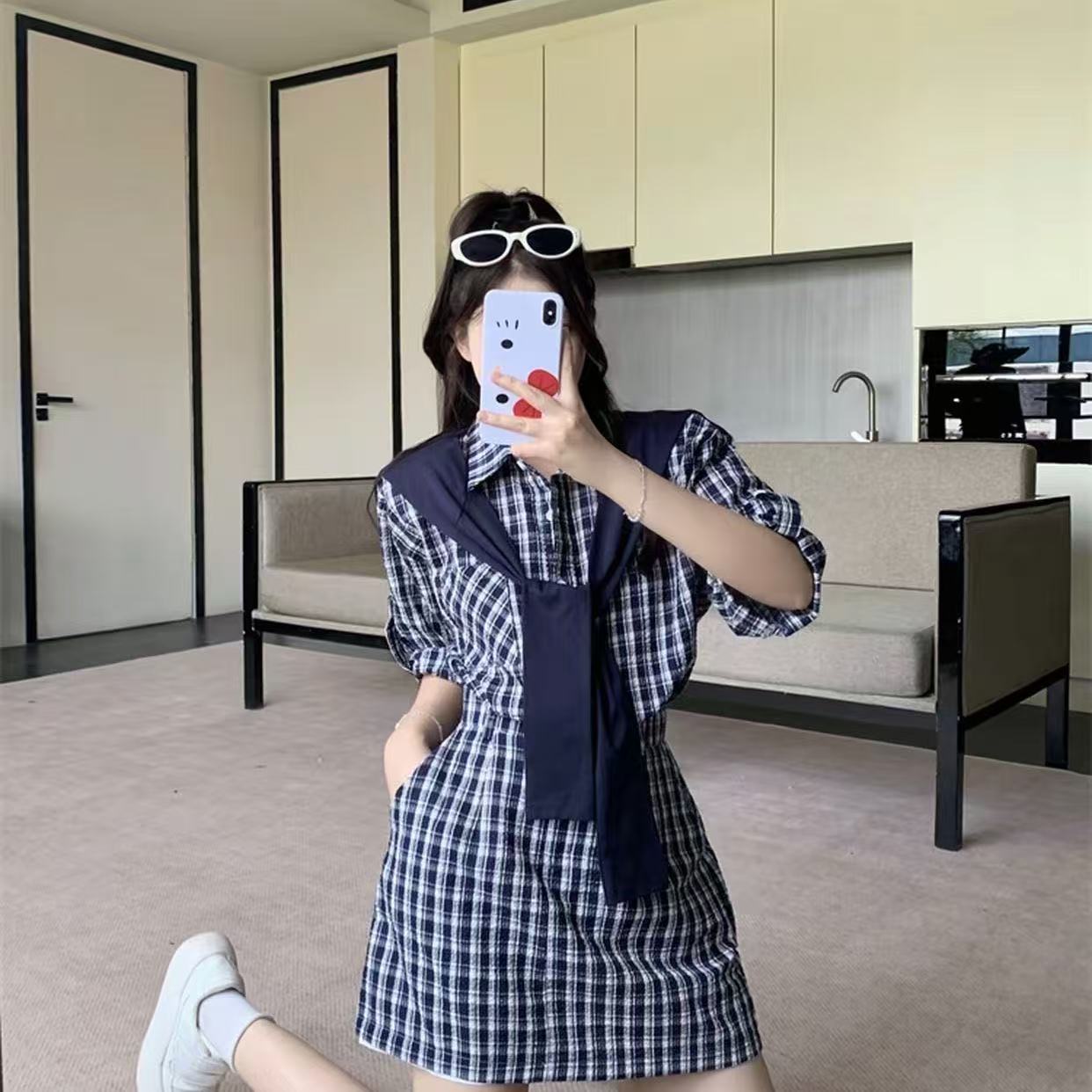 格纹撞色韩版衬衫连衣裙女